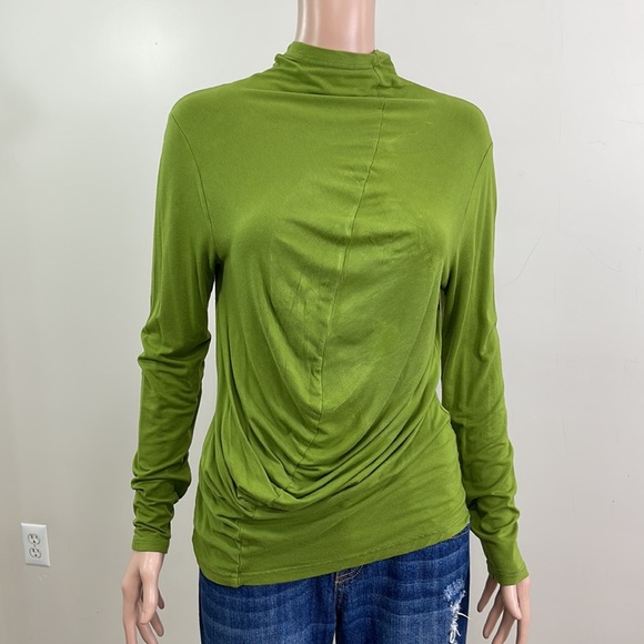 Soft Shirred-Seam Asparagus Draped Mock Neck Ruched Long Sleeve Top - Picture 5 of 16